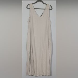 Tahari Linen Blend Maxi Dress Size L Pockets VNeck Slit Ivory Cream Lagenlook